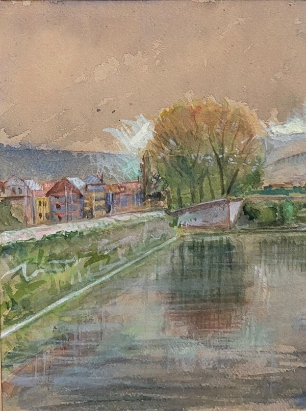 Aquarelle sur papier par Félix Labbé Brive-la-Gaillarde bord de canal XXe