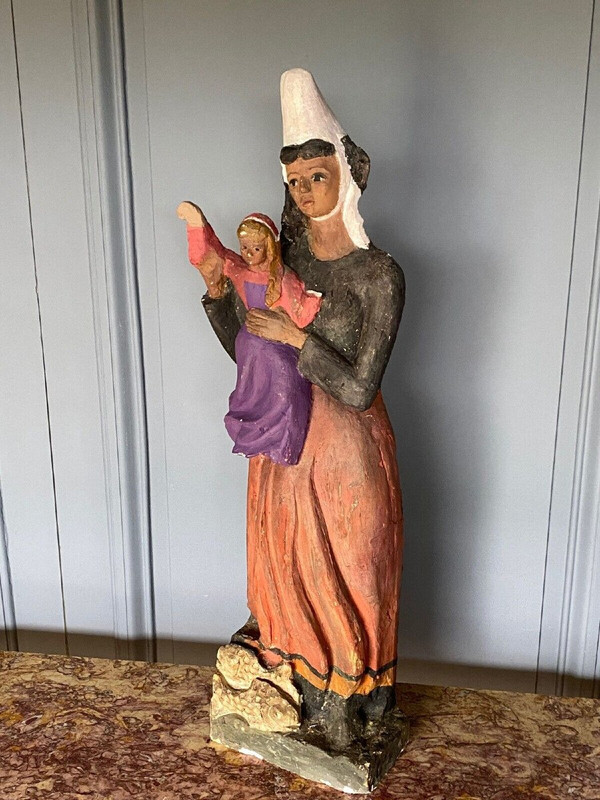 Virgin and Child in Breton plaster 1900 polychrome modeling