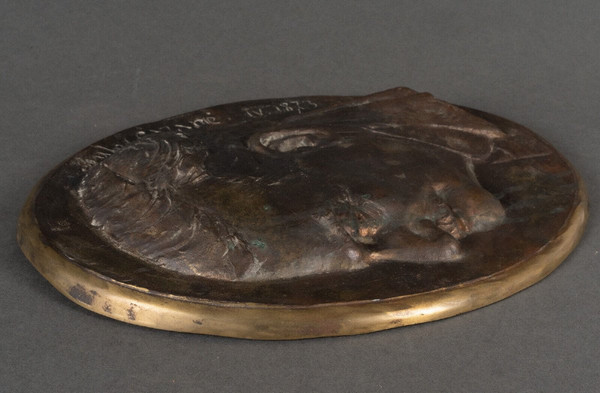 Medaglione in bronzo del XIX secolo Jules Cazare profilo di un uomo 1873