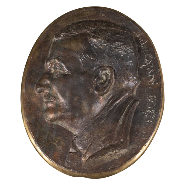 Medaglione in bronzo del XIX secolo Jules Cazare profilo di un uomo 1873