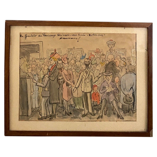 Aquarelle sur papier caricature Abel Moranas Vernissage Félix Labbé 1942