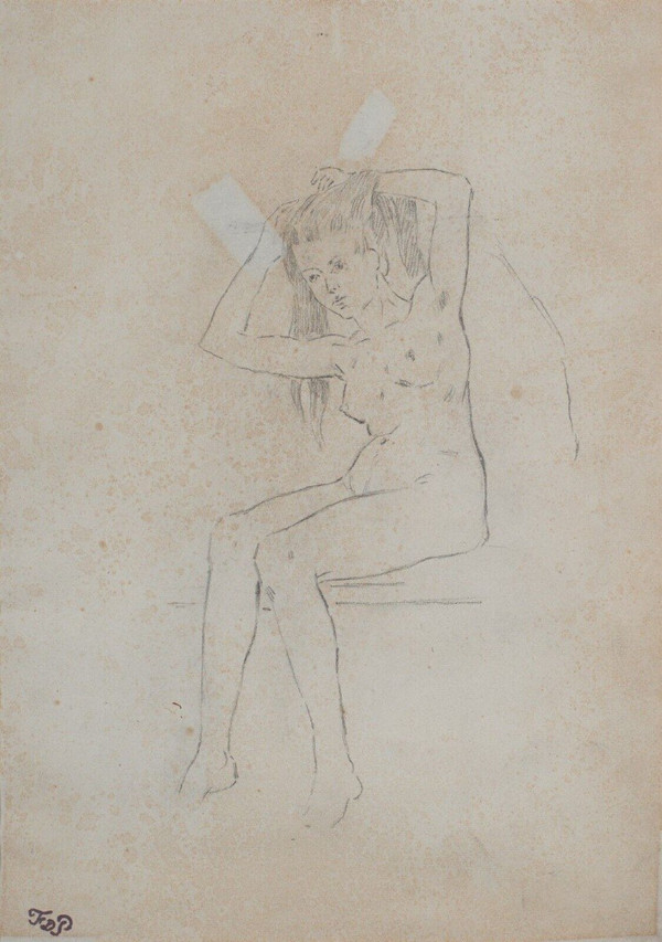 Drawing of a naked woman The Model by Ferdinand du Puigaudeau in a golden frame