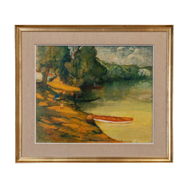 Oil on panel by Bernard Devanne Nantes At the water's edge 20th century