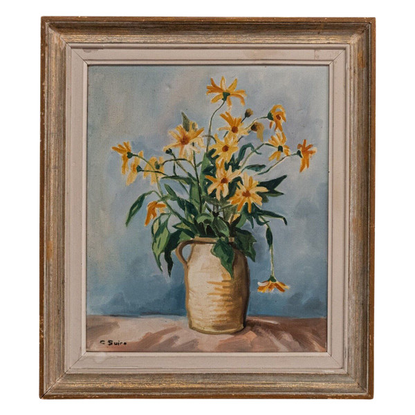 Huile sur toile par C. Suire bouquet de fleurs XXe cadre cérusé