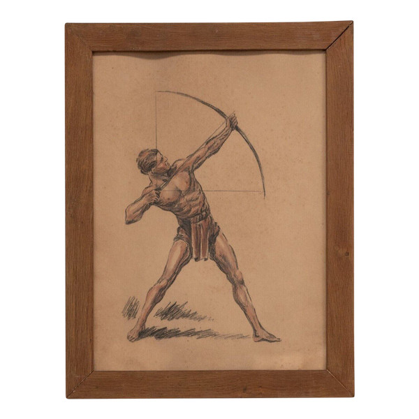 Charcoal drawing sanguine Archer Fine Arts pitch pine frame 1930