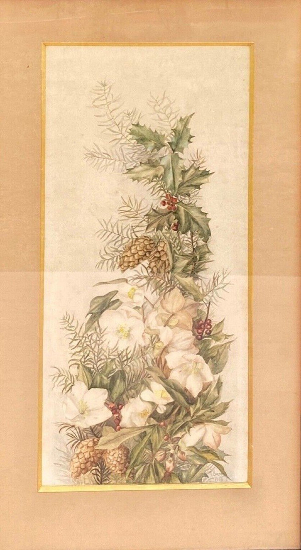 Aquarell auf Papier M. Baron oder Baror zur Identifizierung des Blumenstraußes von 1909