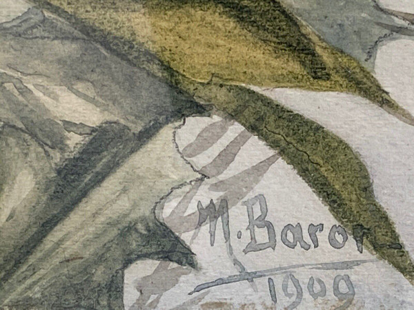 Aquarell auf Papier M. Baron oder Baror zur Identifizierung des Blumenstraußes von 1909