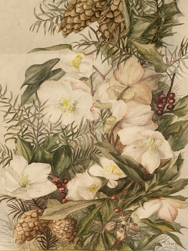 Aquarell auf Papier M. Baron oder Baror zur Identifizierung des Blumenstraußes von 1909