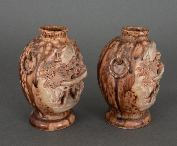 Pair of Chinese Banko Ware ceramic vases with temple and pagoda decoration