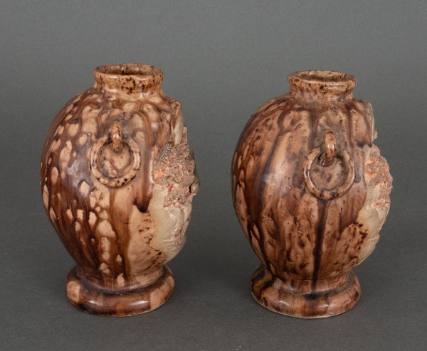 Pair of Chinese Banko Ware ceramic vases with temple and pagoda decoration