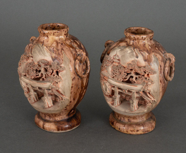 Pair of Chinese Banko Ware ceramic vases with temple and pagoda decoration