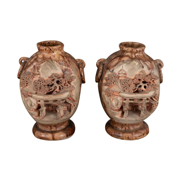 Pair of Chinese Banko Ware ceramic vases with temple and pagoda decoration