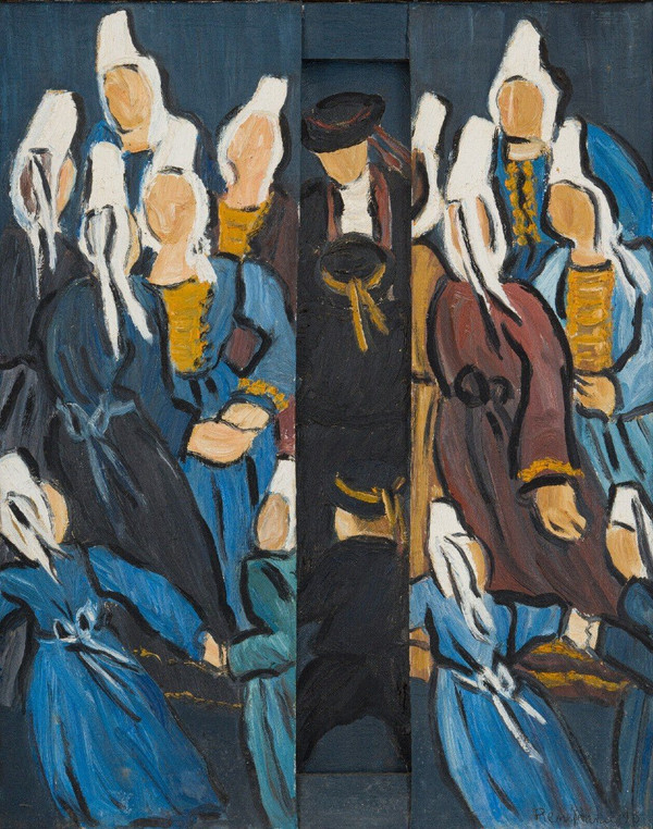 Oil on canvas triptych by René France 1996 Bretons in costume