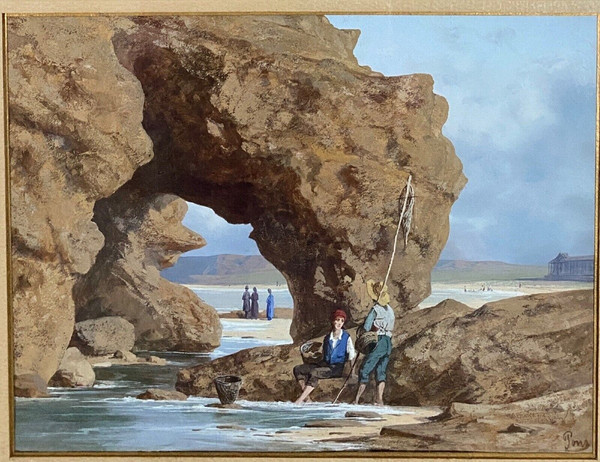 Watercolor on paper by Stanislas Pons Fishermen on foot 19th century