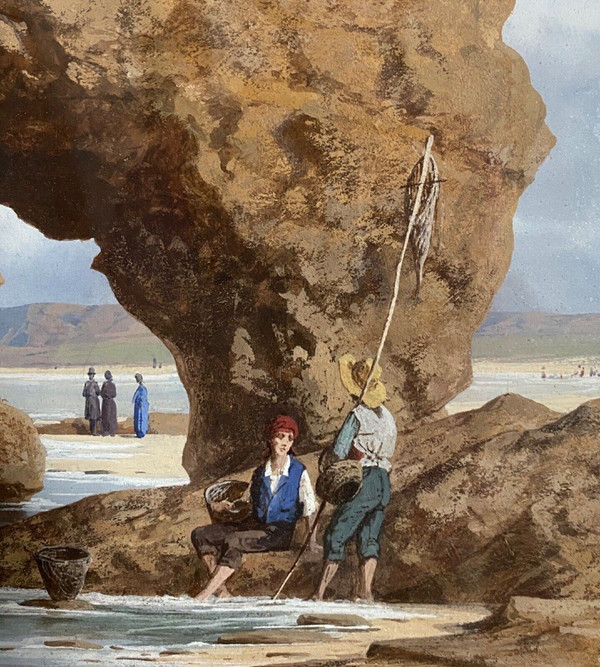 Watercolor on paper by Stanislas Pons Fishermen on foot 19th century