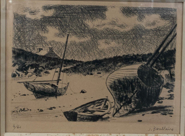 Lithographie Jacques Boullaire 4/60 rivage breton Iles Chausey bateaux