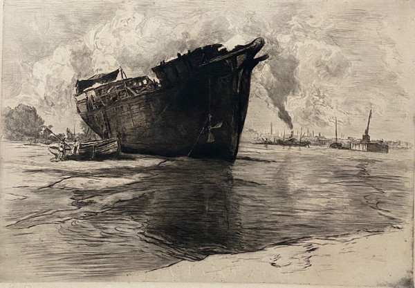 Engraving by René Pinard 1914 countersigned 56/80 bateau le vieux brick devant Chantenay