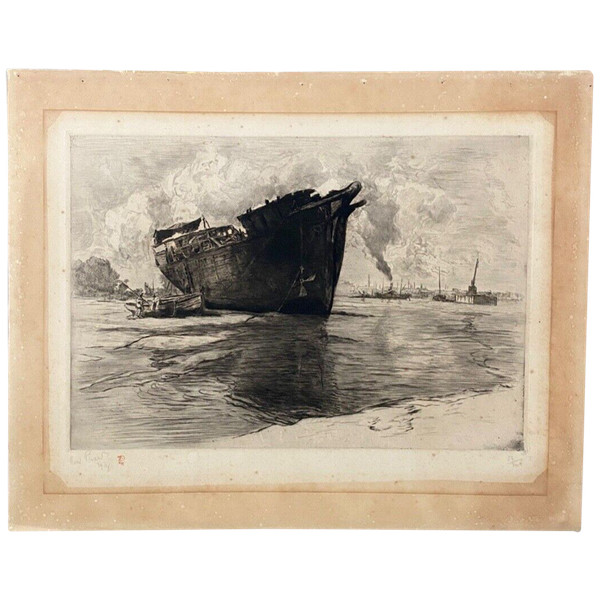 Engraving by René Pinard 1914 countersigned 56/80 bateau le vieux brick devant Chantenay