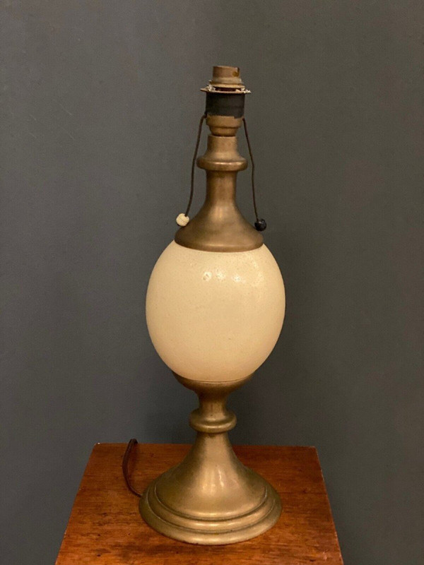 1970 ostrich egg and bronze lamp on shower stand