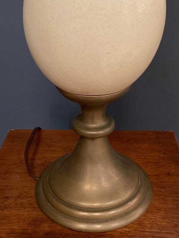 1970 ostrich egg and bronze lamp on shower stand