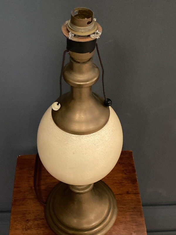 1970 ostrich egg and bronze lamp on shower stand