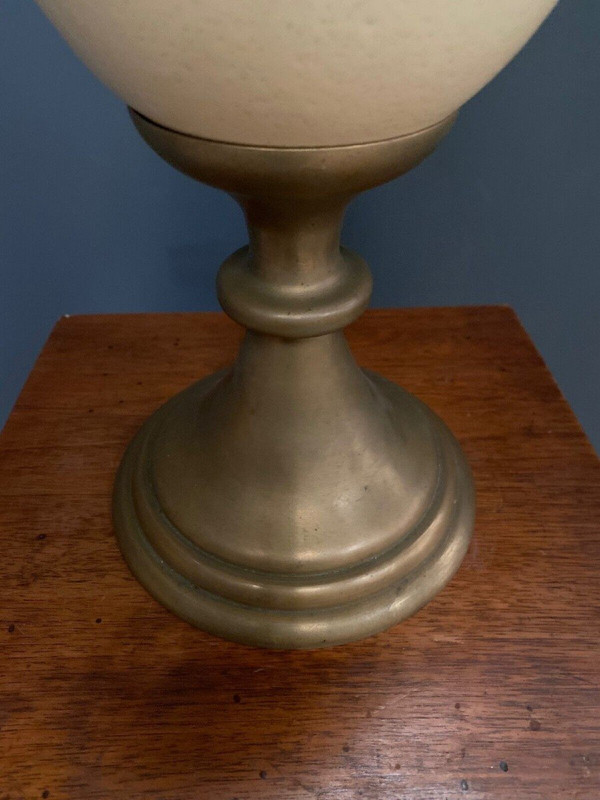 1970 ostrich egg and bronze lamp on shower stand