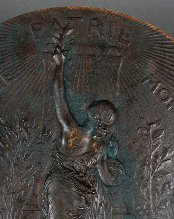 Medaglione in bronzo Courage Patrie Moralité Alphée Dubois dopo H. Chapu