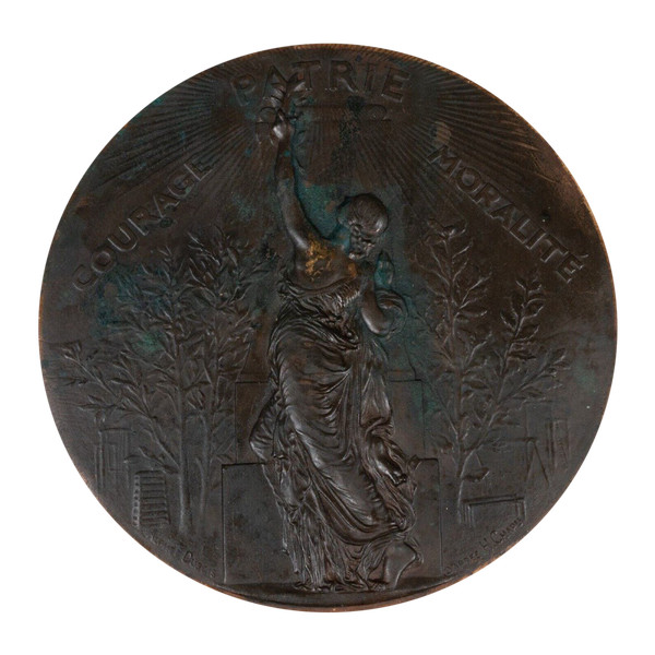 Medaglione in bronzo Courage Patrie Moralité Alphée Dubois dopo H. Chapu