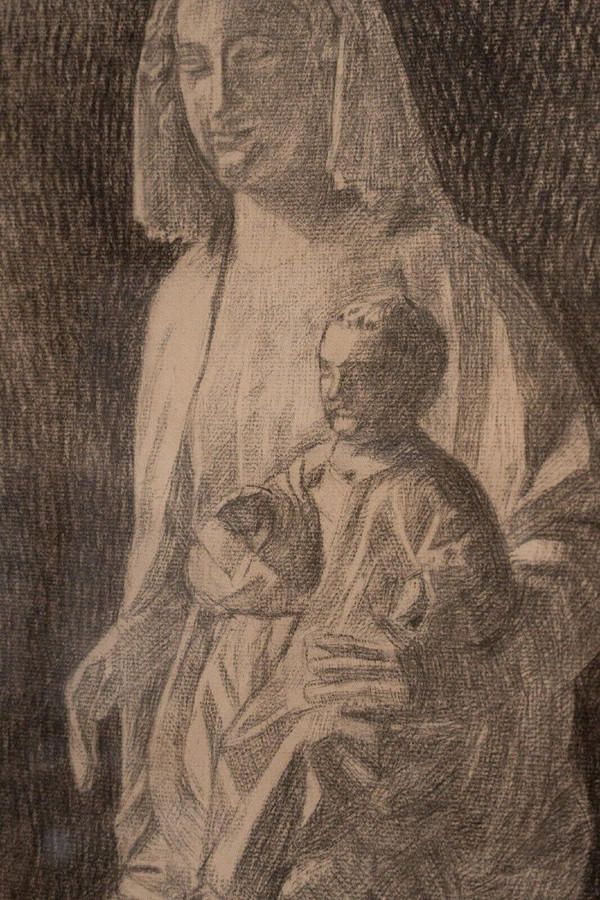 Charcoal drawing of the statue of the Virgin and Child, Fine Arts, early 20th century