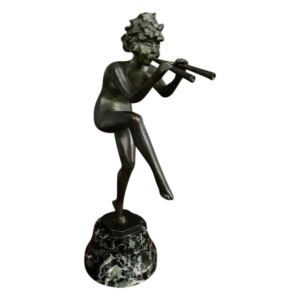 Soggetto in bronzo Art déco di Georges Albert Clerc, donna con doppi flauti