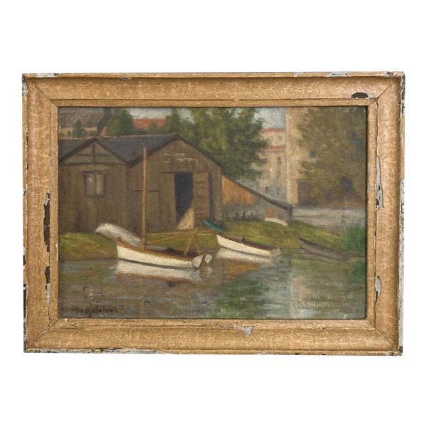 Oil on canvas by Gr Djalalons marine XXth century ceruse frame