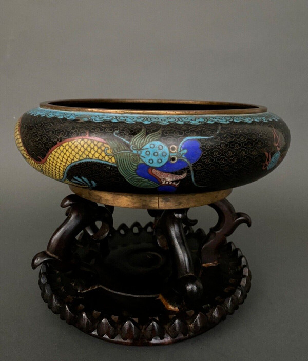 19th century Chinese cloisonné cup with dragon design on wooden stand