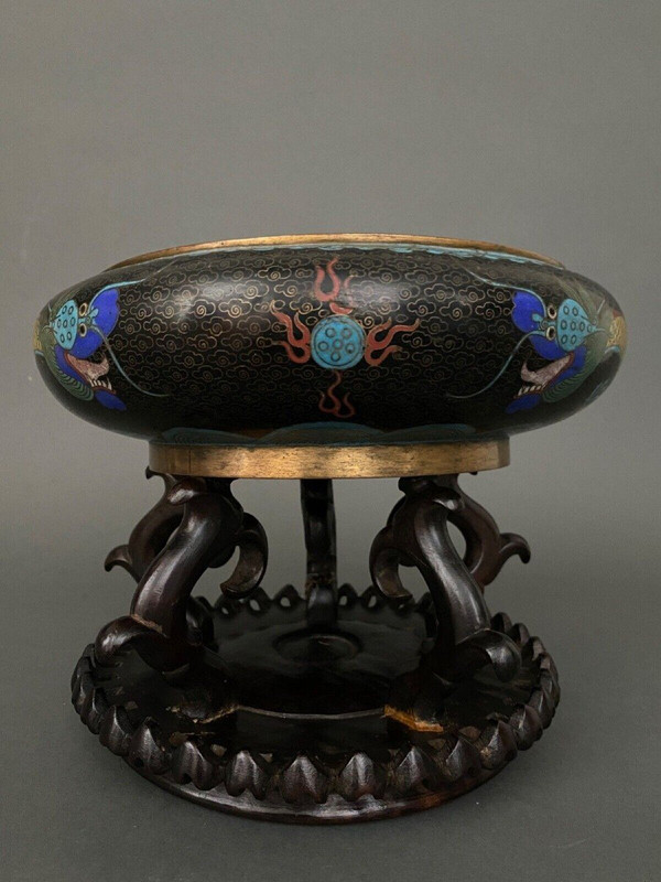 19th century Chinese cloisonné cup with dragon design on wooden stand