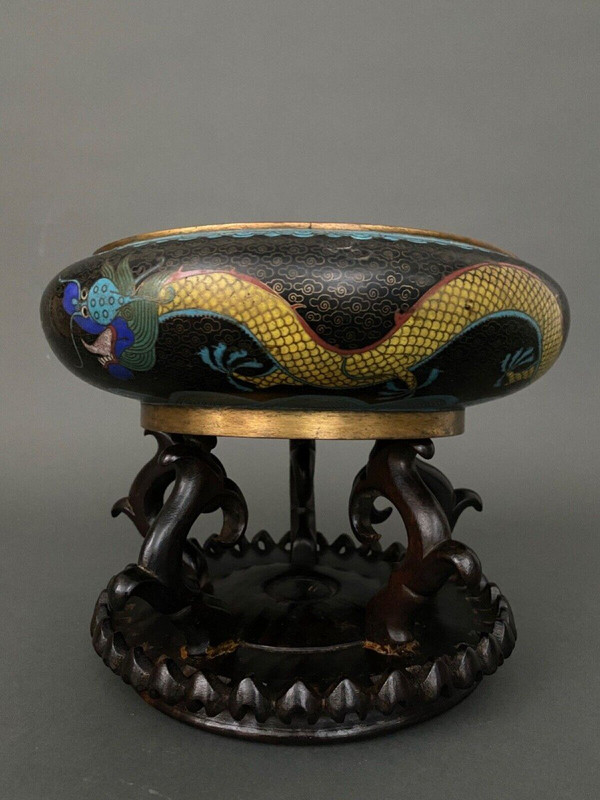 19th century Chinese cloisonné cup with dragon design on wooden stand