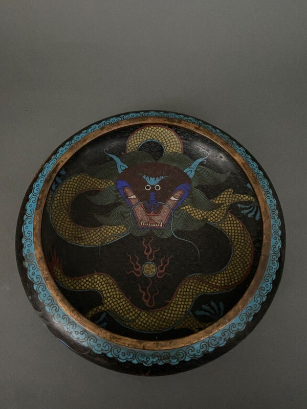 19th century Chinese cloisonné cup with dragon design on wooden stand