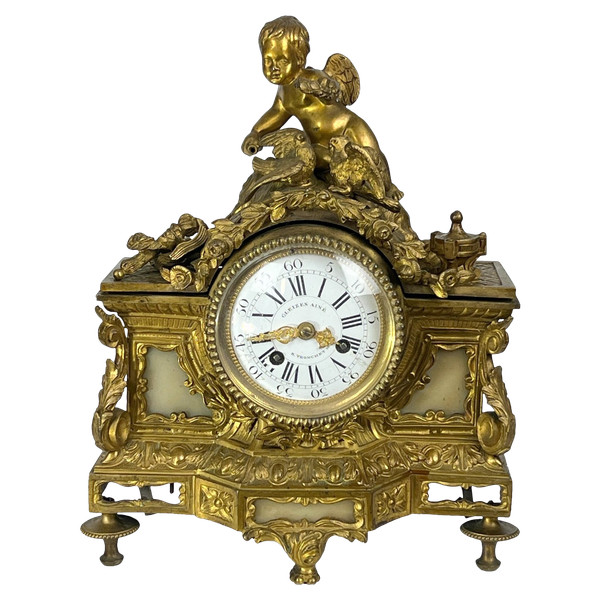 : Orologio In Bronzo Del XIX Secolo In Stile Luigi XVI Decorato Con Angelot E Colombe