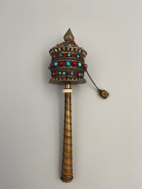 Ancient Nepalese Tibetan Buddhist prayer wheel inlaid stones