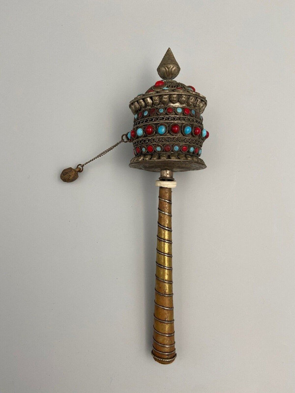 Ancient Nepalese Tibetan Buddhist prayer wheel inlaid stones