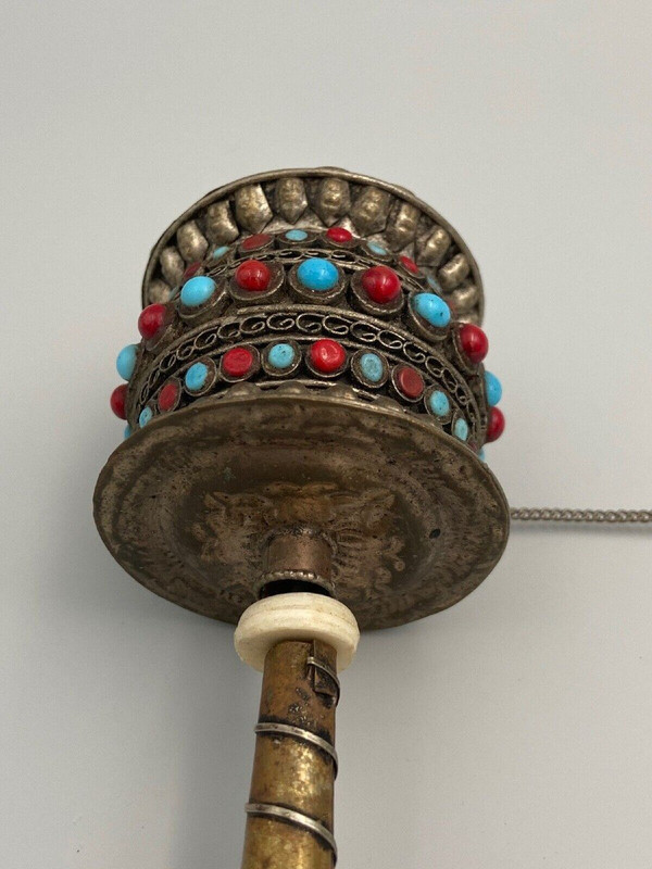 Ancient Nepalese Tibetan Buddhist prayer wheel inlaid stones