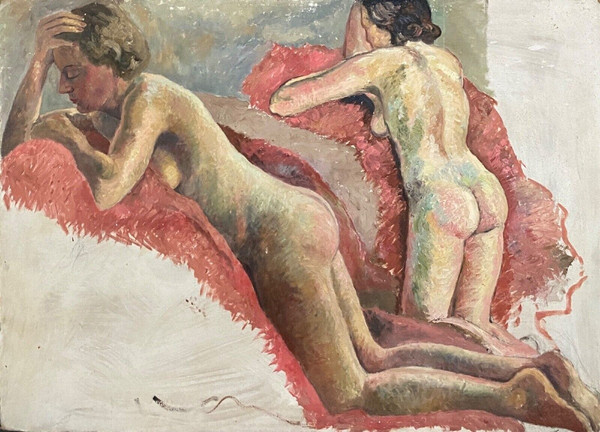 Portrait de femmes nues allongées atelier de Guillot Rafaillac huile XXe