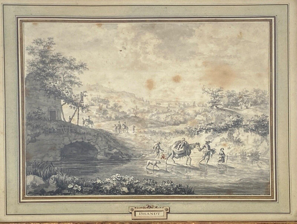 Drawing on paper by Brandt family child on horseback 18th century