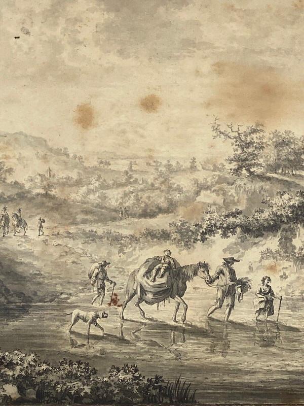 Drawing on paper by Brandt family child on horseback 18th century