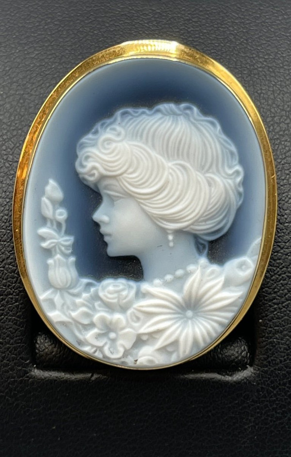 Ravissant Pendentif, Broche Camé Agate Bleu