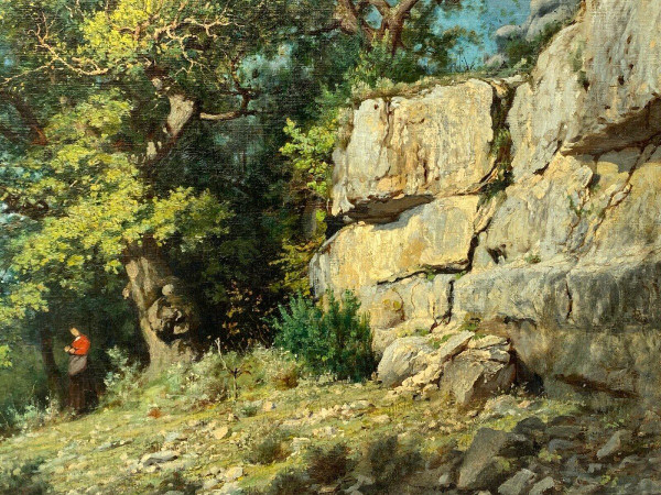 Oil on canvas by Louis Delorme Forest and rocks late 19th century