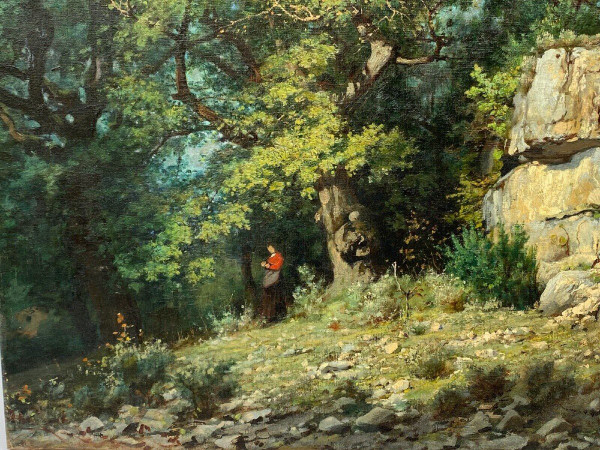 Oil on canvas by Louis Delorme Forest and rocks late 19th century