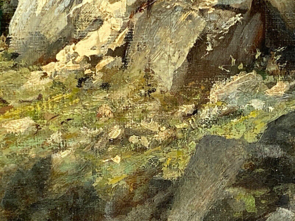 Oil on canvas by Louis Delorme Forest and rocks late 19th century