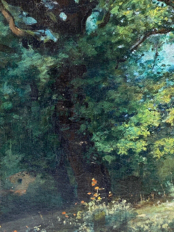 Oil on canvas by Louis Delorme Forest and rocks late 19th century