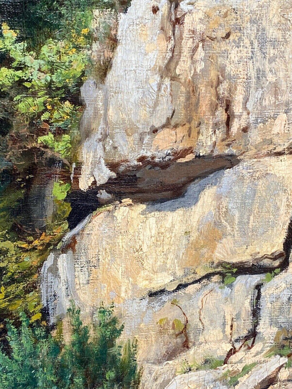 Oil on canvas by Louis Delorme Forest and rocks late 19th century