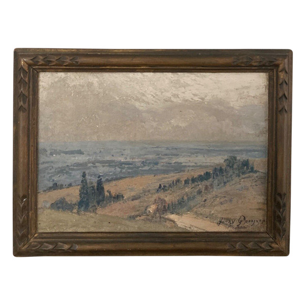 Oil on canvas by Henry Grosjean Bresse landscape Jura 20th century