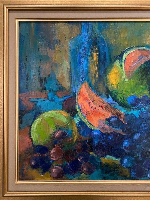 Oil on canvas by Le Boterff still life with fruit 1970 gold frame